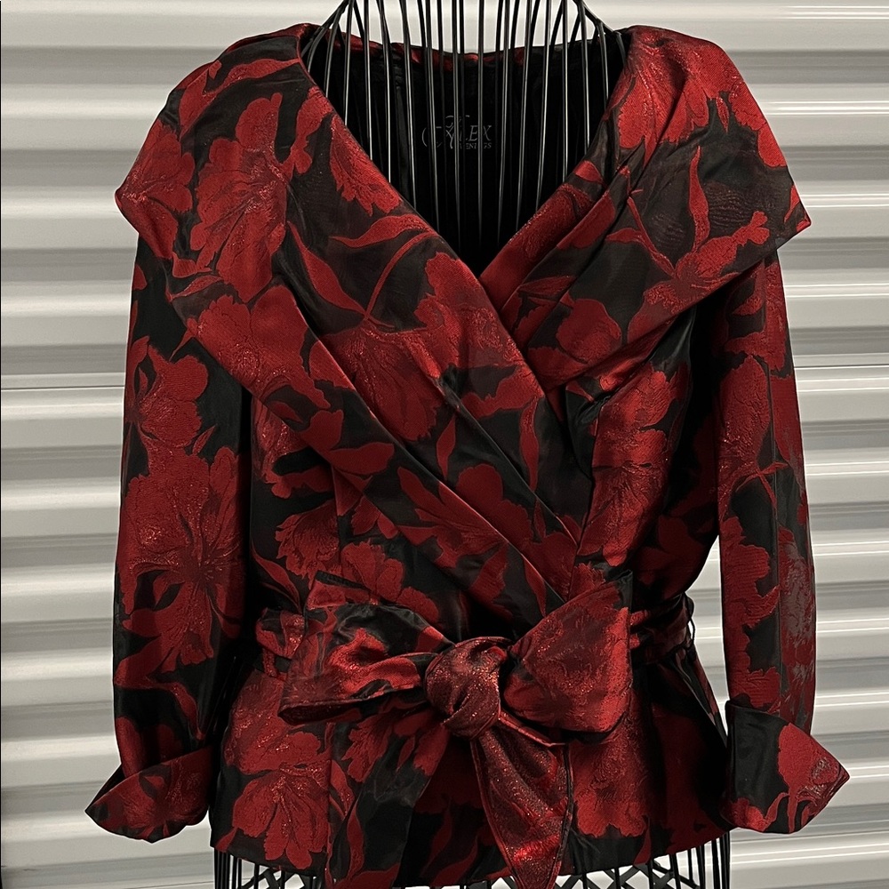 Alex Evenings Red and Black Floral Wrap Blouse